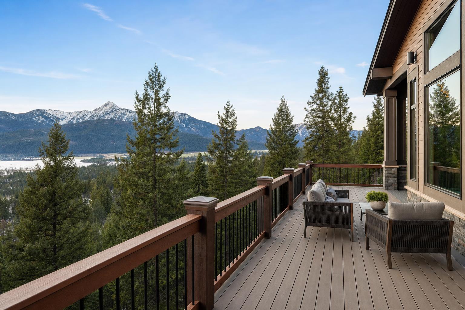 Composite deck with craftsman railings built by Vandenberg Construction in Northern Idaho